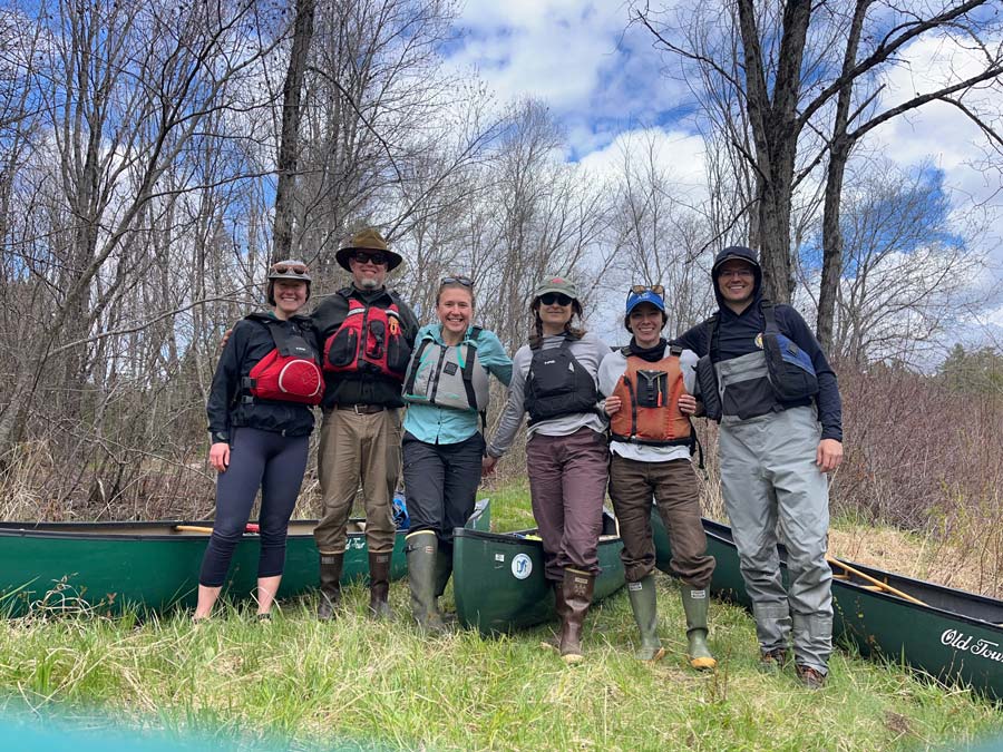 The Canoe Crew (l to r): Alice Hotopp (DSF), Jacob van de Sande (Maine Coast Heritage Trust), Hadley Couraud (TNC), Ellie Mason (DSF), Cat Morse (ASF), and videographer Tate Yoder. Photo: Hadley Couraud