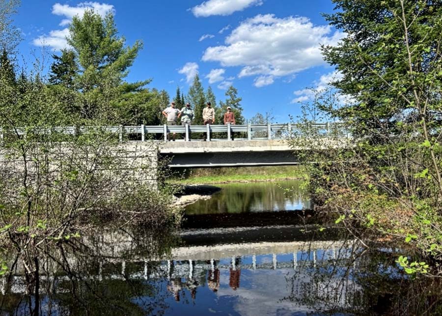 The stocking team atop Bog Brook bridge (completed by ASF in 2025). Photo: Maranda Nemeth (NOAA)