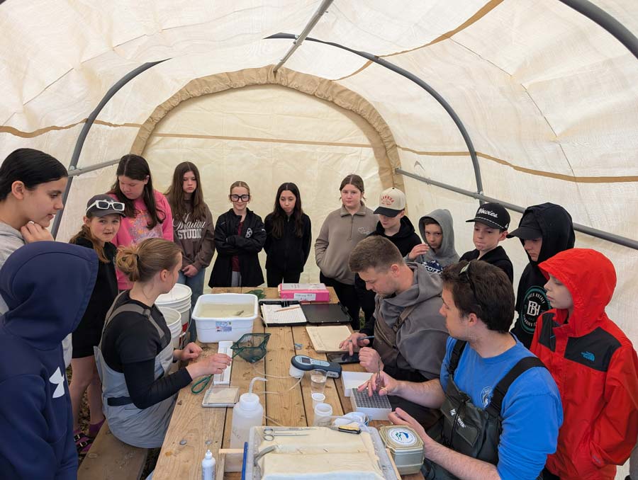 Students from école NDA and Parks Canada volunteers joined CRSA staff in their tagging tent. Photo: Chéticamp River Salmon Association