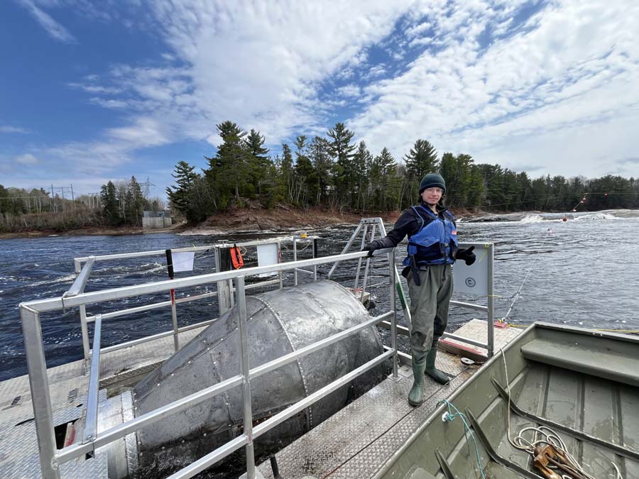 Taylor Pinette of the Nepisiguit Salmon Association (NSA) on the Nepisiguit smolt wheel after making some final adjustments. Photo: Jordan Condon