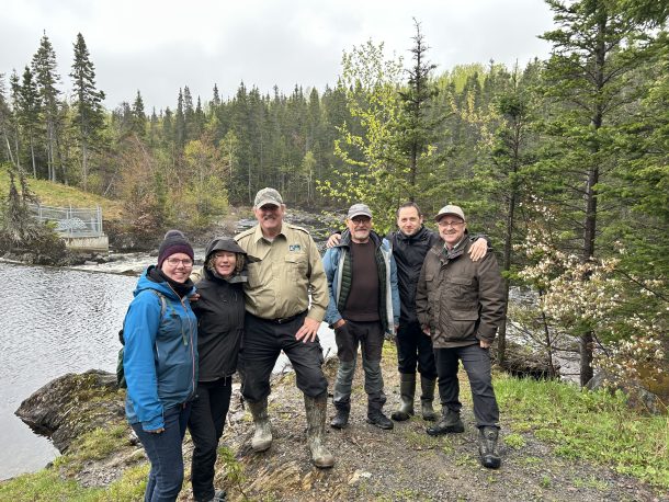 North-to-North exchange of Indigenous knowledge with Qalipu First Nation members in the Gander watershed. Pictured from left to right Thora Herrmann, Oulu University Finland, Kim Thompson ASF, Danny Stanford QFN River Guardian, Elder Jan Erik Henriksen UiT, Justin Hodge QFN River Guardian, Francis (Frank) Skeard, QFN Glenwood Ward Councillor Photo Credit: Deneka Pottle
