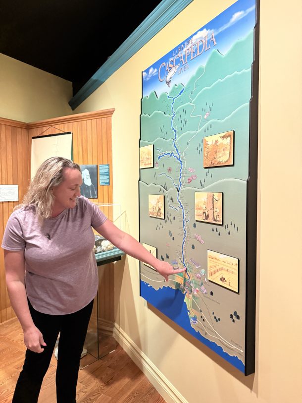 Museum curator and guide Stacey Barter shows us some key sites along the Cascapedia river.