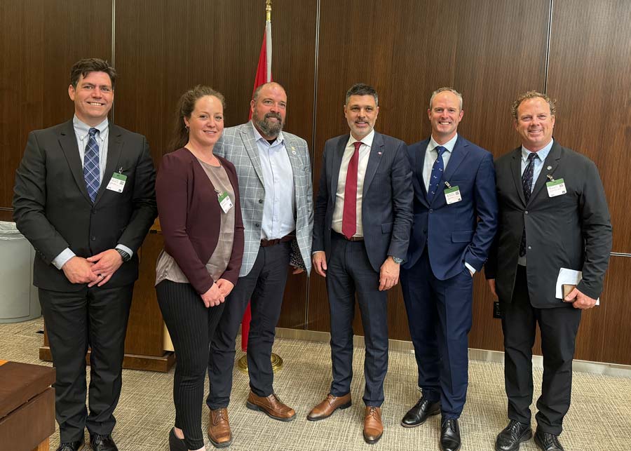 Left to right: Neville Crabbe (ASF), Myriam Bergeron (FQSA), Normand Fiset (FQSA), New Brunswick MP Serge Cormier (Acadie-Bathurst), Nathan Wilbur (ASF), and Butch Dalton (MSA).
