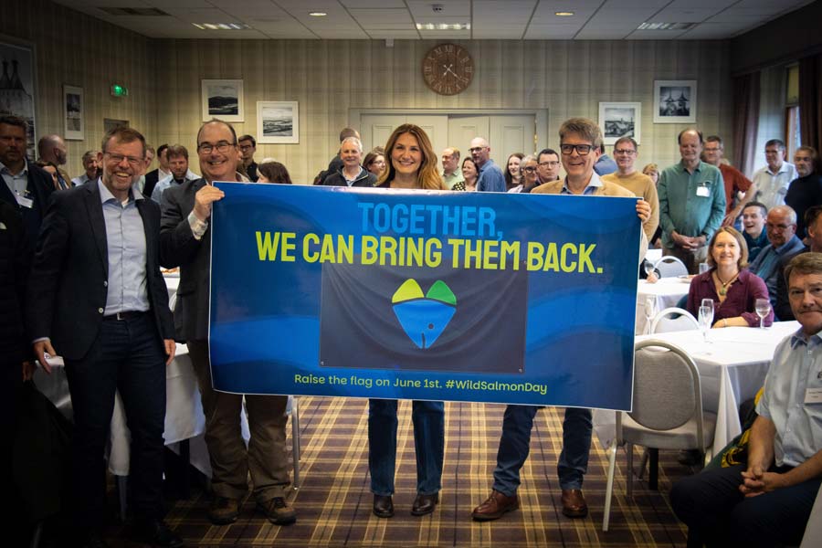 We were proud to fly the flag at the North Atlantic Salmon Conservation Organization (NASCO) annual meeting. Left to right: Torfinn Evensen (Norway Salmon Rivers), Robert Otto and Aimée Hopton (ASF), Mark Bilsby (Atlantic Salmon Trust). <br>Photo: Jonathon Muir/Atlantic Salmon Trust